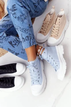 Trampki Damskie Wysokie>Boto Damskie Wysokie Trampki Na Dużej Podeszwie Niebieskie Trissy