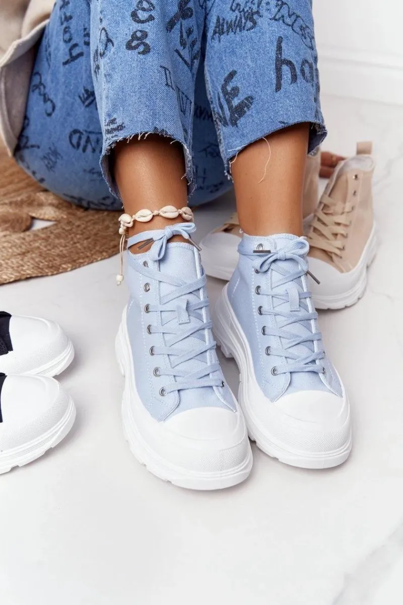 Trampki Damskie Wysokie>Boto Damskie Wysokie Trampki Na Dużej Podeszwie Niebieskie Trissy