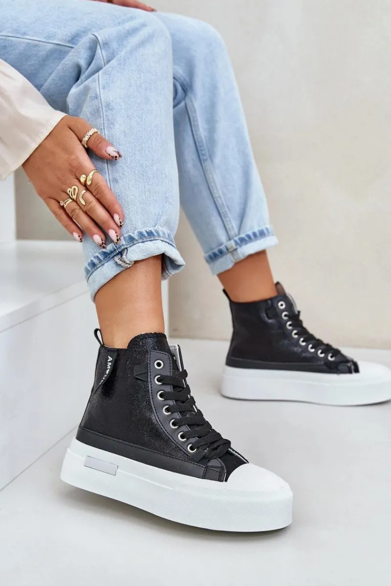 Trampki Damskie Wysokie>Boto Damskie Wysokie Trampki Na Platformie Czarne Averira