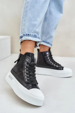 Trampki Damskie Wysokie>Boto Damskie Wysokie Trampki Na Platformie Czarne Averira