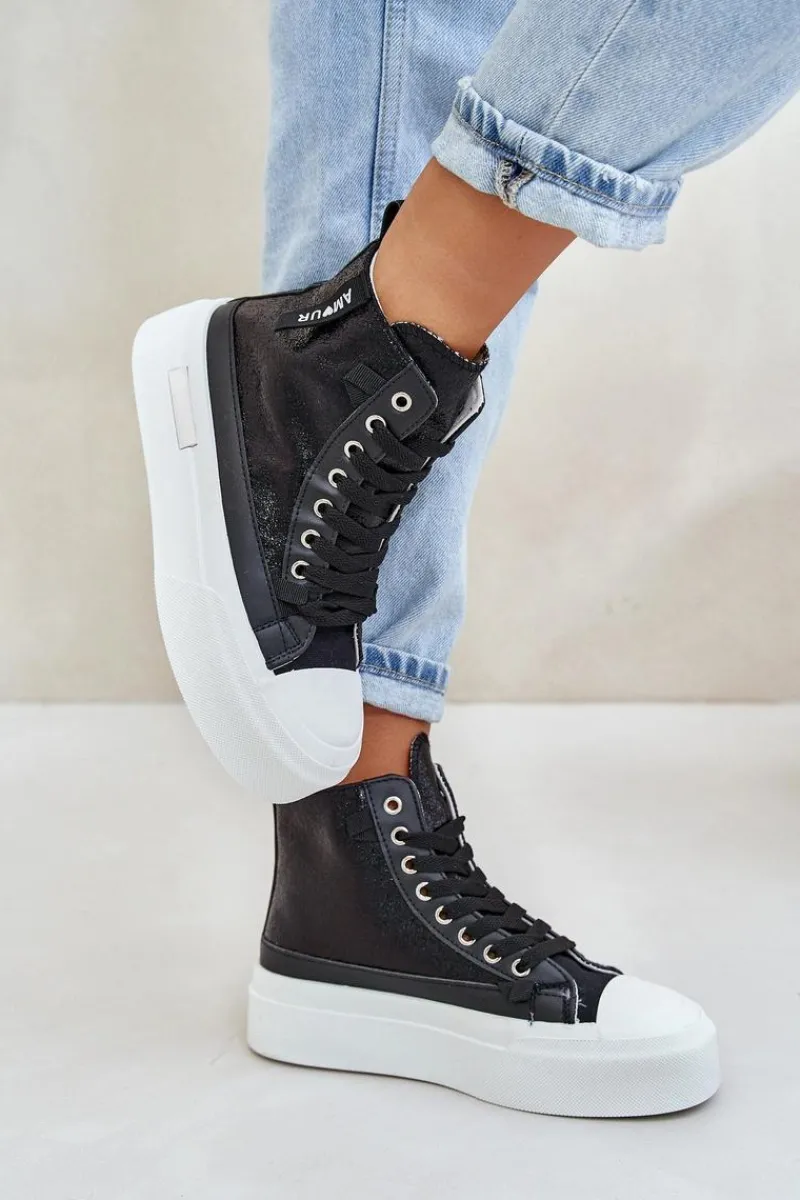 Trampki Damskie Wysokie>Boto Damskie Wysokie Trampki Na Platformie Czarne Averira