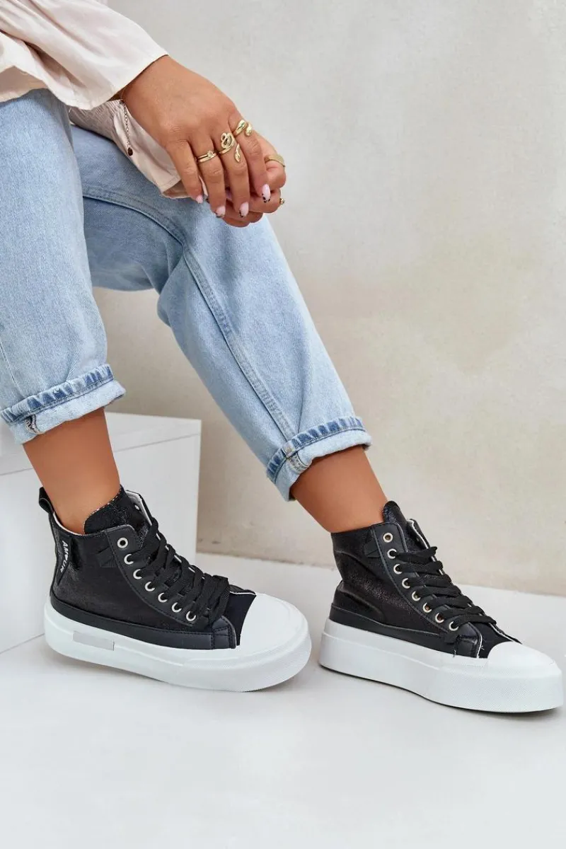 Trampki Damskie Wysokie>Boto Damskie Wysokie Trampki Na Platformie Czarne Averira