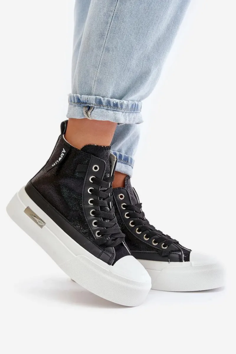 Trampki Damskie Wysokie>Boto Damskie Wysokie Trampki Na Platformie Czarne Averira