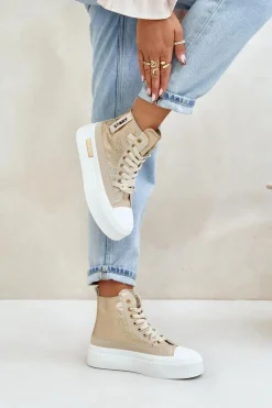 Online Damskie Wysokie Trampki Na Platformie Beżowo-Złote Averira Damskie Trampki Damskie Wysokie