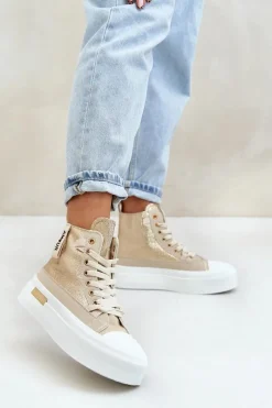 Online Damskie Wysokie Trampki Na Platformie Beżowo-Złote Averira Damskie Trampki Damskie Wysokie