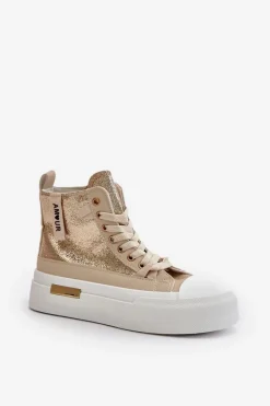 Online Damskie Wysokie Trampki Na Platformie Beżowo-Złote Averira Damskie Trampki Damskie Wysokie