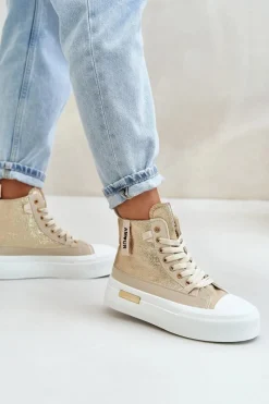 Online Damskie Wysokie Trampki Na Platformie Beżowo-Złote Averira Damskie Trampki Damskie Wysokie