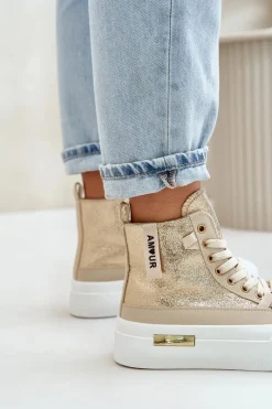 Online Damskie Wysokie Trampki Na Platformie Beżowo-Złote Averira Damskie Trampki Damskie Wysokie