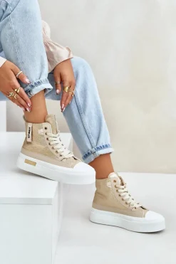 Online Damskie Wysokie Trampki Na Platformie Beżowo-Złote Averira Damskie Trampki Damskie Wysokie