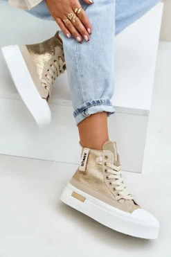 Online Damskie Wysokie Trampki Na Platformie Beżowo-Złote Averira Damskie Trampki Damskie Wysokie