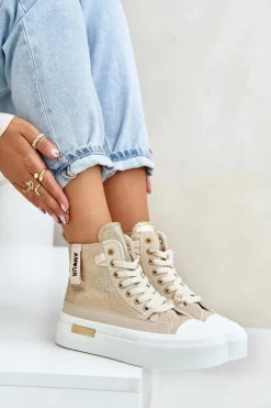Online Damskie Wysokie Trampki Na Platformie Beżowo-Złote Averira Damskie Trampki Damskie Wysokie