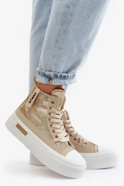 Online Damskie Wysokie Trampki Na Platformie Beżowo-Złote Averira Damskie Trampki Damskie Wysokie