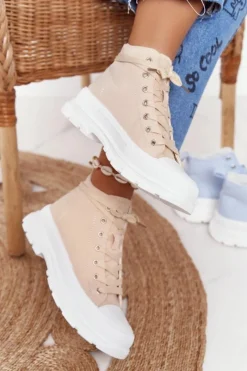 Boto Damskie Wysokie Trampki Na Dużej Podeszwie Beżowo-Białe Trissy