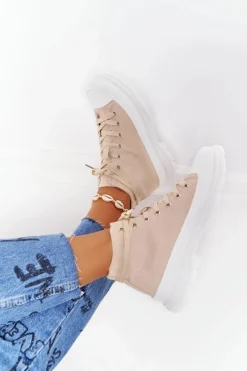 Boto Damskie Wysokie Trampki Na Dużej Podeszwie Beżowo-Białe Trissy