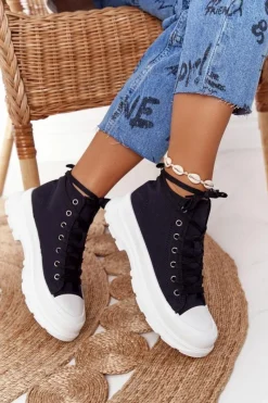 Hot Boto Damskie Wysokie Trampki Na Dużej Podeszwie Czarne Trissy