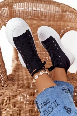 Hot Boto Damskie Wysokie Trampki Na Dużej Podeszwie Czarne Trissy