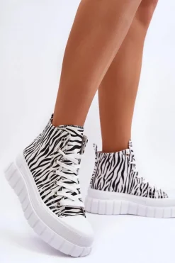 Hot Damskie Wysokie Trampki Wzór Zebry Białe Florensi Damskie Trampki Damskie Wysokie