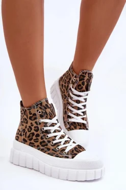 Trampki Damskie Wysokie>Boto Damskie Wysokie Trampki Wzór Leopard Brązowe Florensi