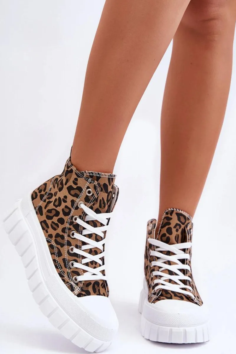 Trampki Damskie Wysokie>Boto Damskie Wysokie Trampki Wzór Leopard Brązowe Florensi