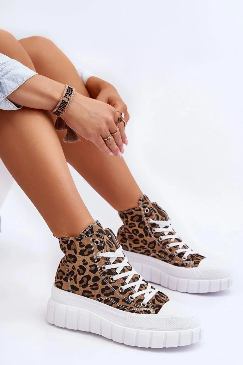 Trampki Damskie Wysokie>Boto Damskie Wysokie Trampki Wzór Leopard Brązowe Florensi