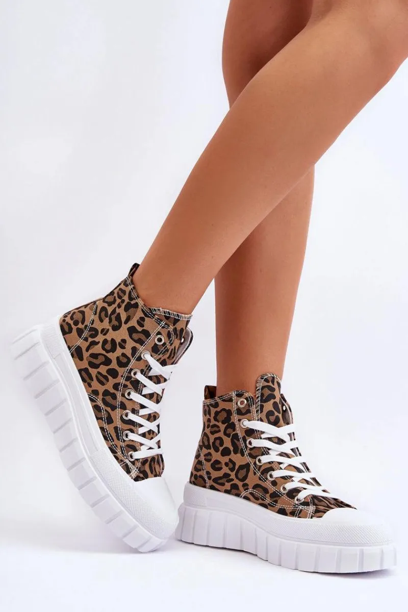 Trampki Damskie Wysokie>Boto Damskie Wysokie Trampki Wzór Leopard Brązowe Florensi