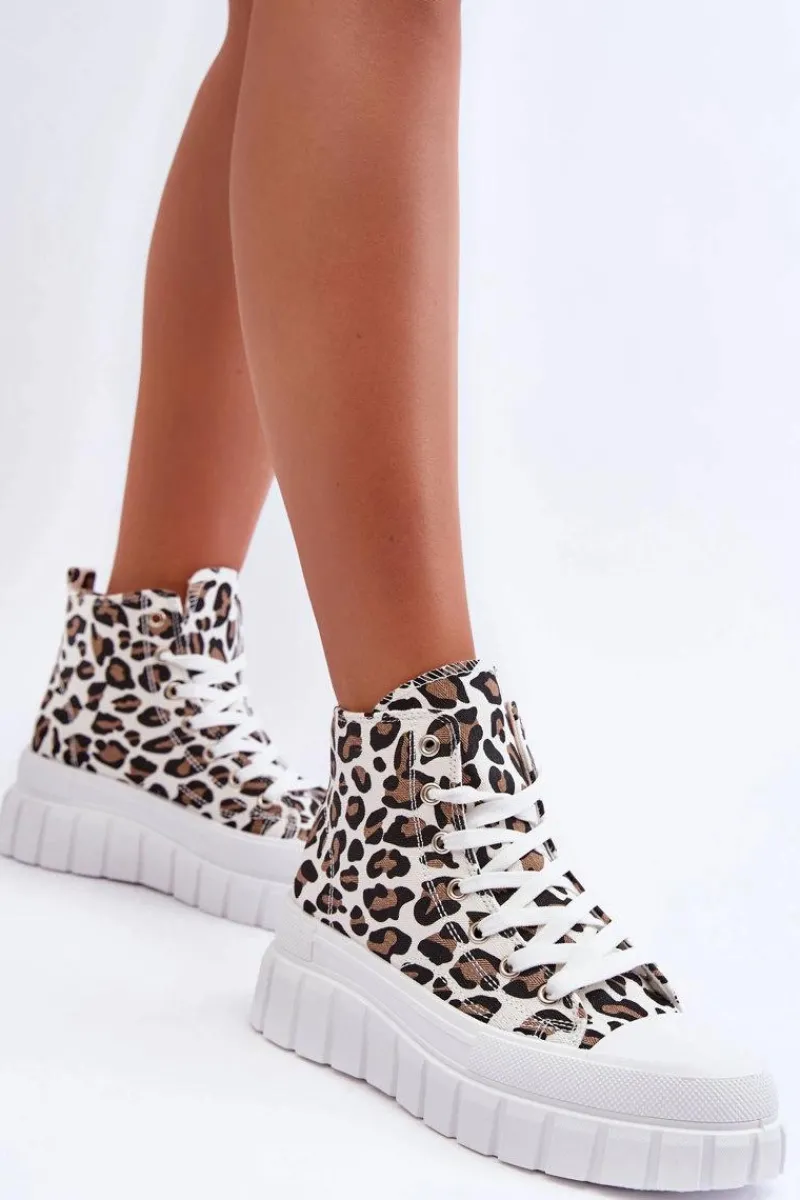 Trampki Damskie Wysokie>Boto Damskie Wysokie Trampki Wzór Leopard Białe Florensi