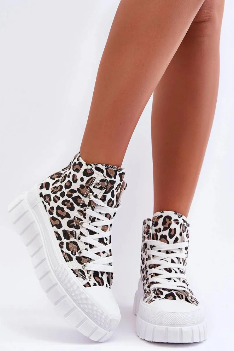 Trampki Damskie Wysokie>Boto Damskie Wysokie Trampki Wzór Leopard Białe Florensi