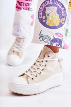 Trampki Damskie Wysokie>Boto Damskie Wysokie Trampki Wiązane Beżowe Carlyn