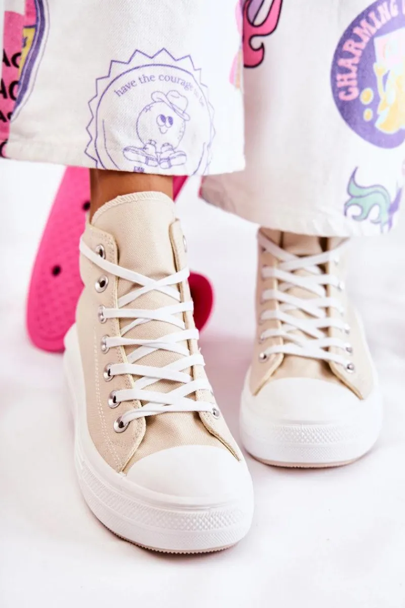 Trampki Damskie Wysokie>Boto Damskie Wysokie Trampki Wiązane Beżowe Carlyn