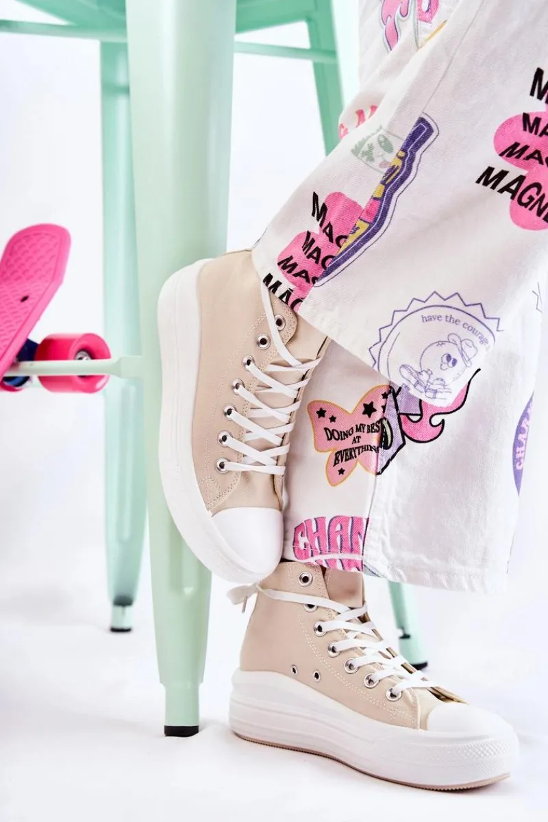 Trampki Damskie Wysokie>Boto Damskie Wysokie Trampki Wiązane Beżowe Carlyn