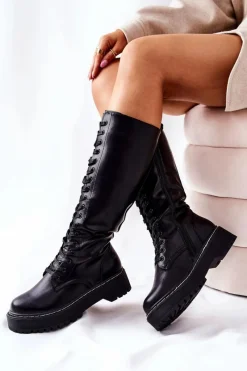 Kozaki Płaskie|Kozaki Przed Kolano>Evento Damskie Wysokie Wiązane Kozaki Czarne Khloe