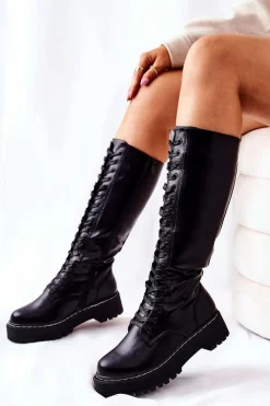 Kozaki Płaskie|Kozaki Przed Kolano>Evento Damskie Wysokie Wiązane Kozaki Czarne Khloe