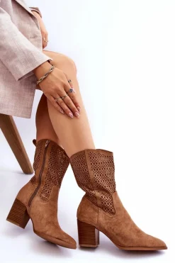 Clearance Damskie Wysokie Zamszowe Botki Kowbojki Brązowe Turner Damskie Botki Wiosenne|Botki Na Słupku