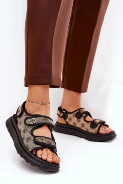 Clearance Damskie Wzorzyste Materiałowe Sandały Ze Złotymi Detalami Beżowo-Czarne Pefese Damskie Sandały Płaskie