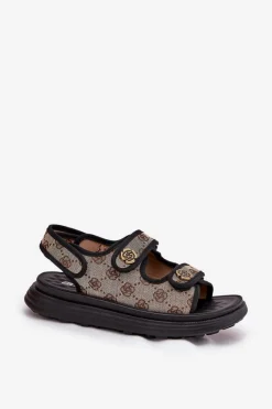 Clearance Damskie Wzorzyste Materiałowe Sandały Ze Złotymi Detalami Beżowo-Czarne Pefese Damskie Sandały Płaskie