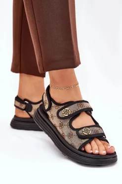 Clearance Damskie Wzorzyste Materiałowe Sandały Ze Złotymi Detalami Beżowo-Czarne Pefese Damskie Sandały Płaskie
