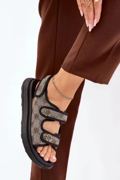 Clearance Damskie Wzorzyste Materiałowe Sandały Ze Złotymi Detalami Beżowo-Czarne Pefese Damskie Sandały Płaskie