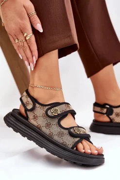 Clearance Damskie Wzorzyste Materiałowe Sandały Ze Złotymi Detalami Beżowo-Czarne Pefese Damskie Sandały Płaskie