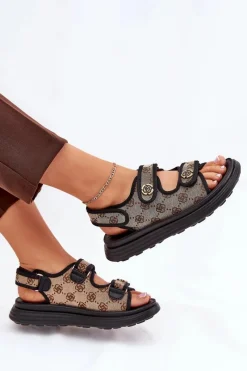 Clearance Damskie Wzorzyste Materiałowe Sandały Ze Złotymi Detalami Beżowo-Czarne Pefese Damskie Sandały Płaskie