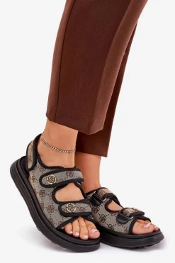 Clearance Damskie Wzorzyste Materiałowe Sandały Ze Złotymi Detalami Beżowo-Czarne Pefese Damskie Sandały Płaskie