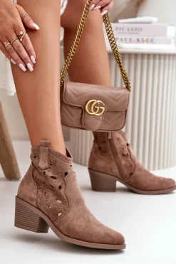 Botki Wiosenne|Botki Na Słupku>Damskie buty S.Barski Damskie Zamszowe Ażurowe Botki Kowbojki Brązowe S.Barski HY42-086