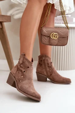 Botki Wiosenne|Botki Na Słupku>Damskie buty S.Barski Damskie Zamszowe Ażurowe Botki Kowbojki Brązowe S.Barski HY42-086