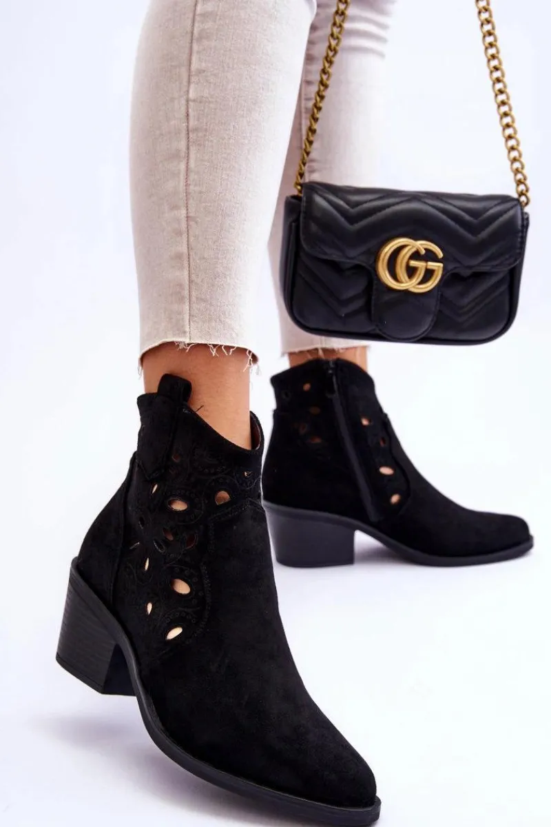 Botki Wiosenne|Botki Na Słupku>Damskie buty S.Barski Damskie Zamszowe Ażurowe Botki Kowbojki Czarne S.Barski HY42-086