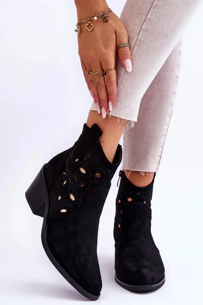 Botki Wiosenne|Botki Na Słupku>Damskie buty S.Barski Damskie Zamszowe Ażurowe Botki Kowbojki Czarne S.Barski HY42-086