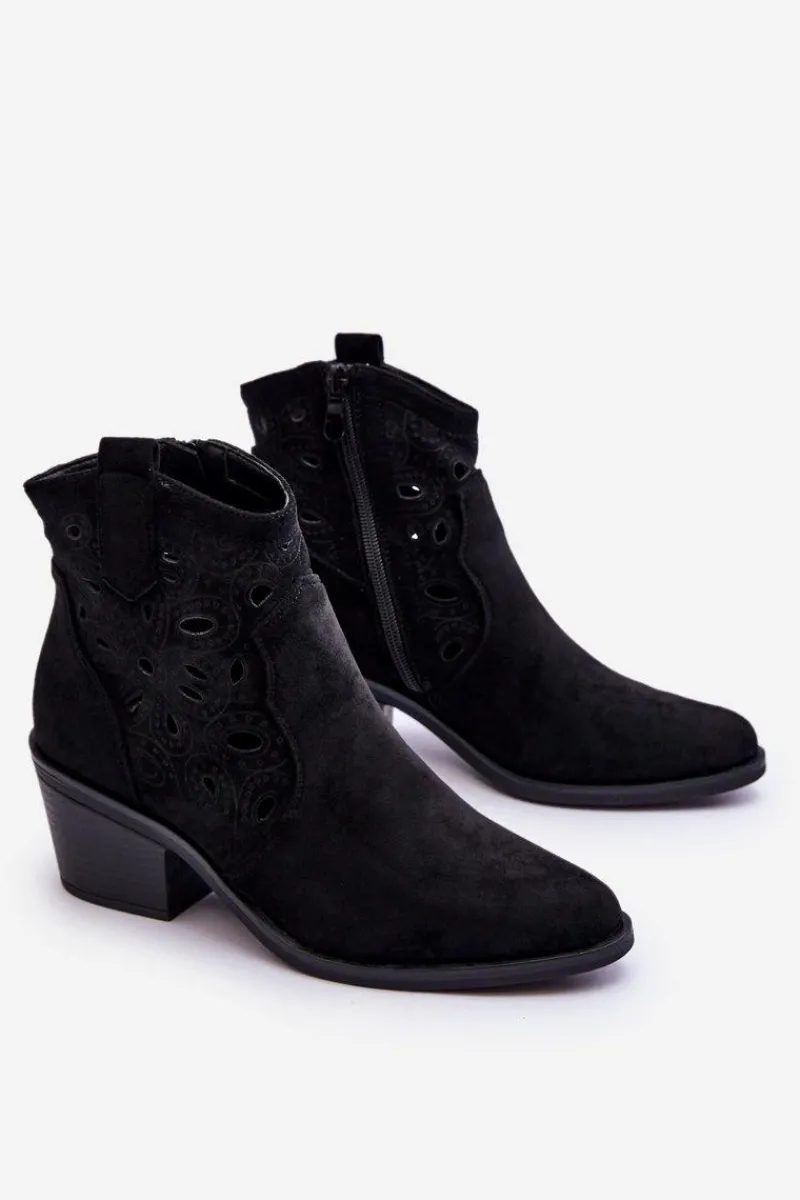 Botki Wiosenne|Botki Na Słupku>Damskie buty S.Barski Damskie Zamszowe Ażurowe Botki Kowbojki Czarne S.Barski HY42-086