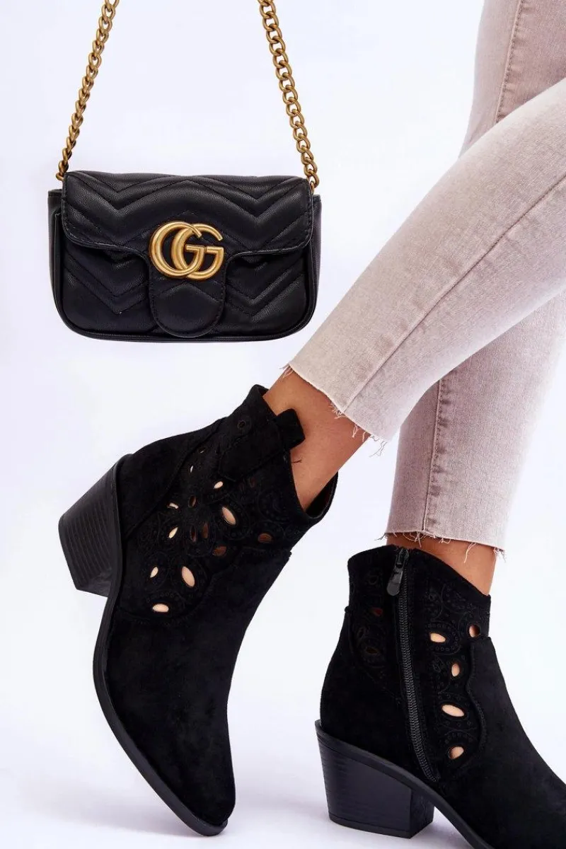 Botki Wiosenne|Botki Na Słupku>Damskie buty S.Barski Damskie Zamszowe Ażurowe Botki Kowbojki Czarne S.Barski HY42-086