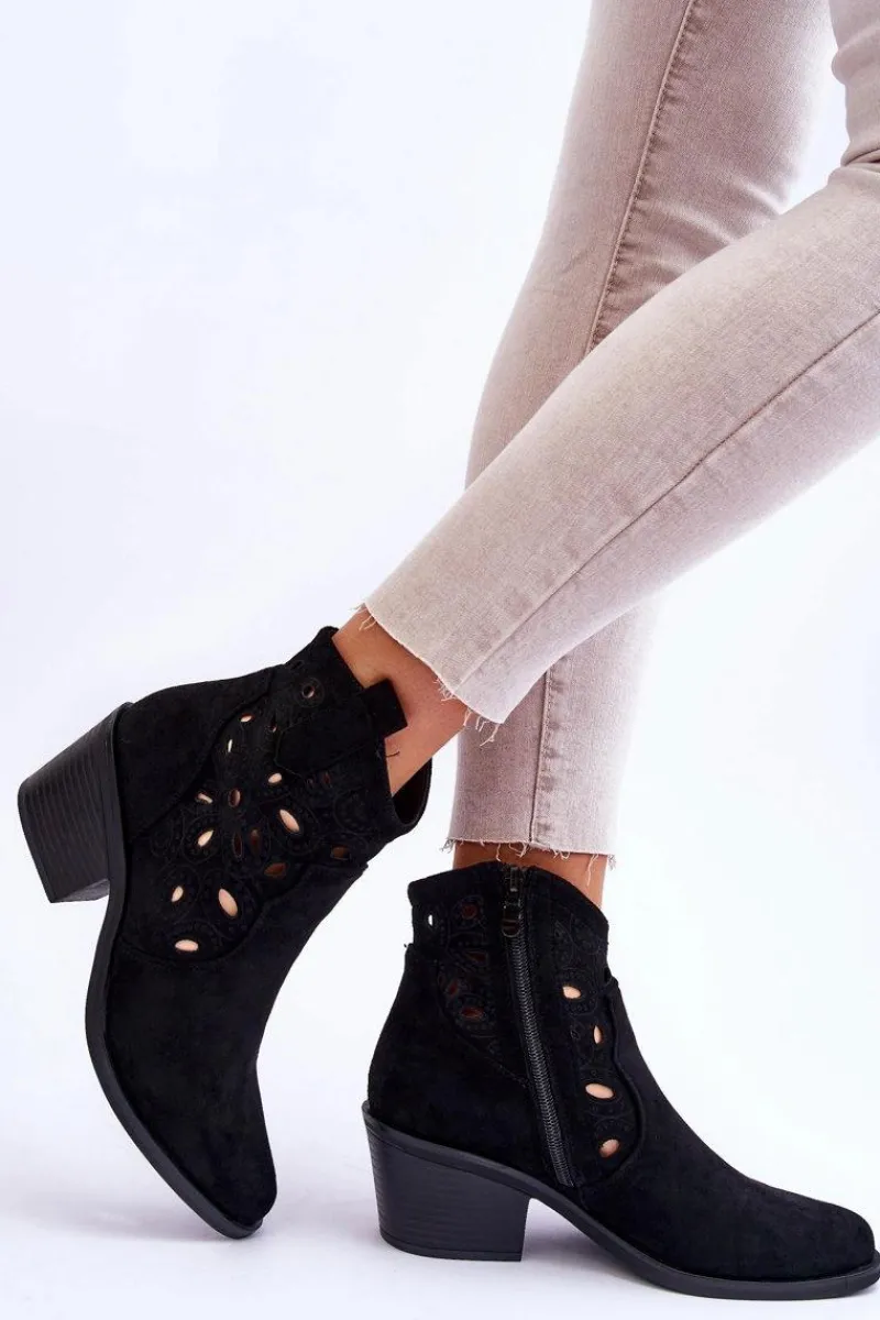 Botki Wiosenne|Botki Na Słupku>Damskie buty S.Barski Damskie Zamszowe Ażurowe Botki Kowbojki Czarne S.Barski HY42-086