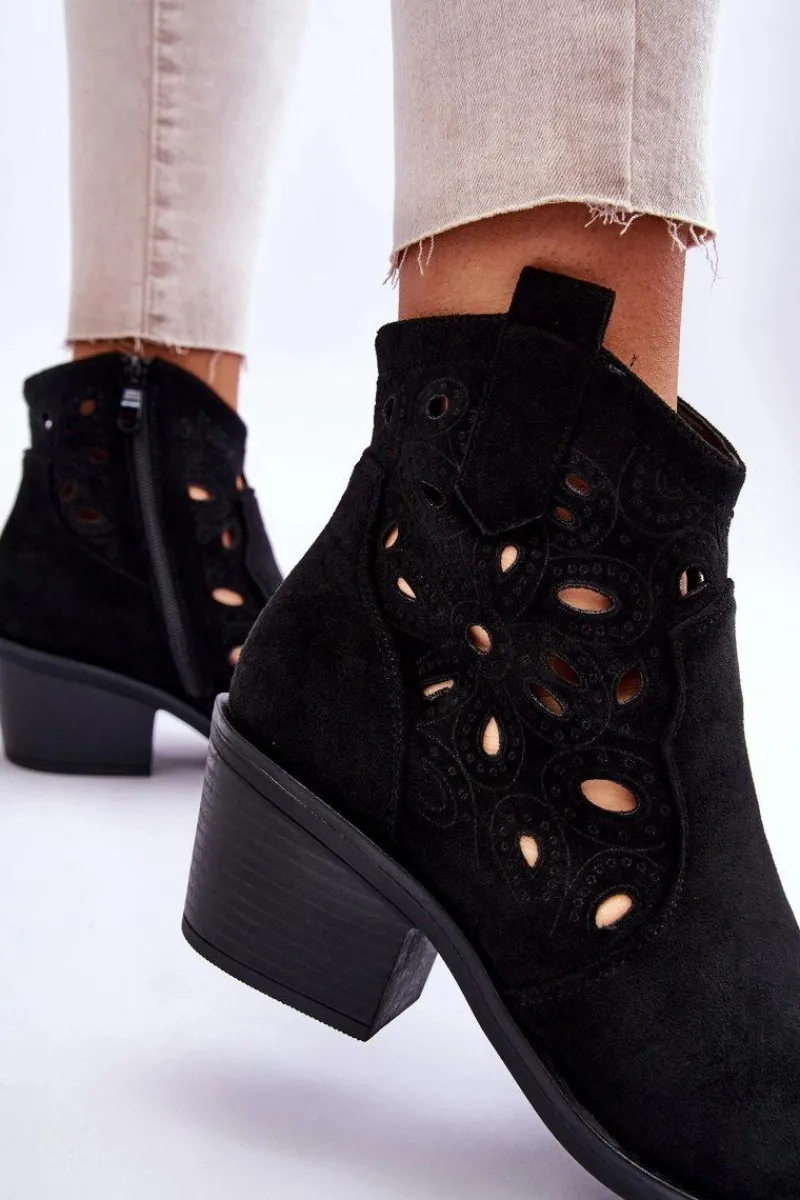 Botki Wiosenne|Botki Na Słupku>Damskie buty S.Barski Damskie Zamszowe Ażurowe Botki Kowbojki Czarne S.Barski HY42-086