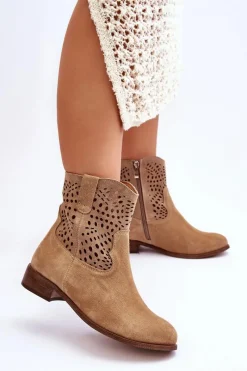 Boto Damskie Zamszowe Ażurowe Botki Lewski Shoes 3301 Beżowe