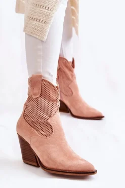 Boto Damskie Zamszowe Ażurowe Botki Kowbojki Różowe Eleonore